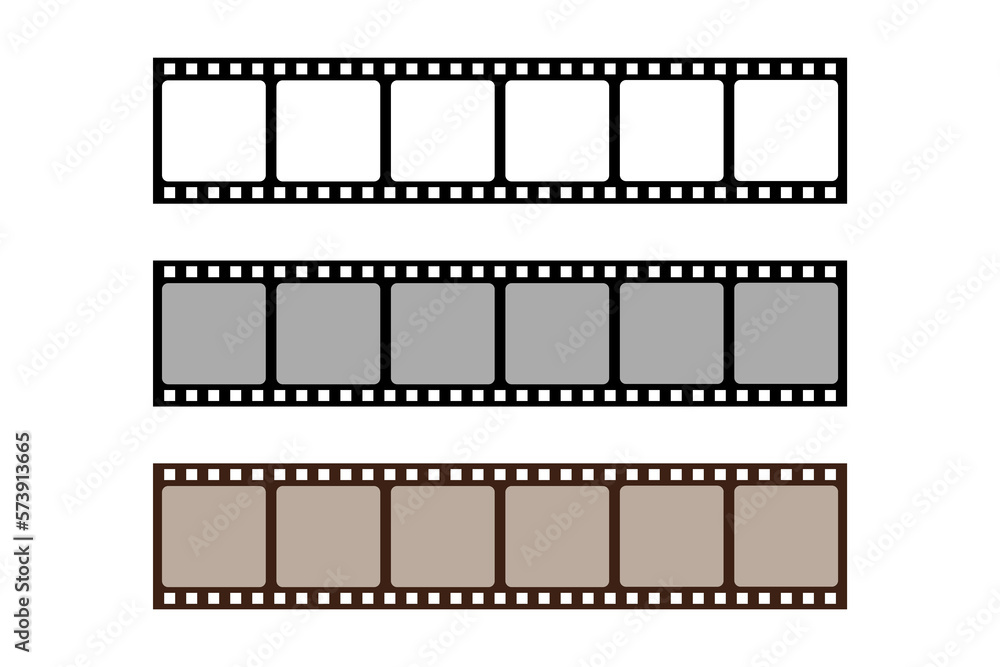 Collection of blank cinema film strip frames. Grunge film strips collection. Empty retro filmstrip design elements. Photography and cinematography. Photographic film in retro style