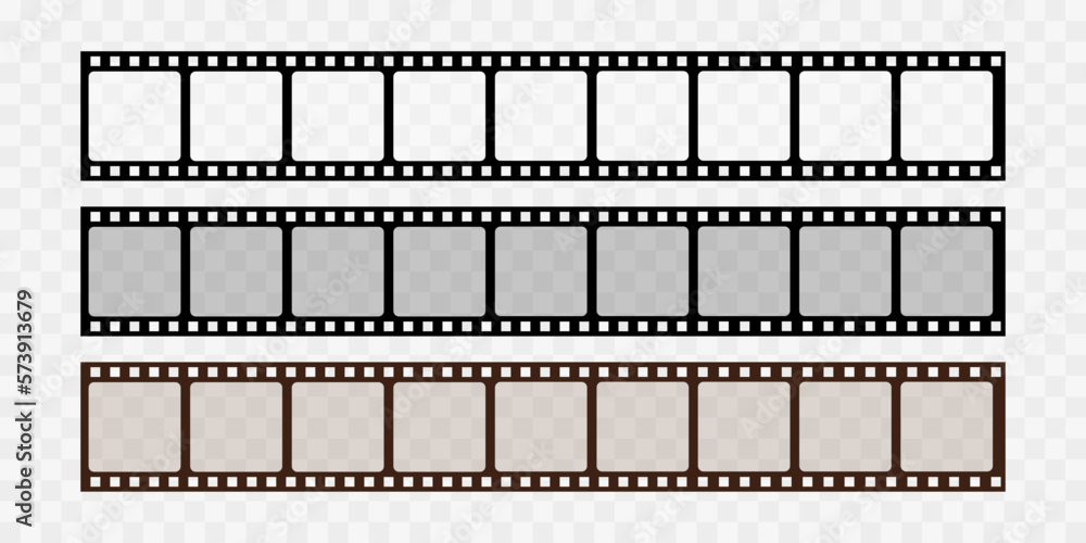 Collection of blank cinema film strip frames. Grunge film strips collection. Empty retro filmstrip design elements. Photography and cinematography. Film strip isolated on transparent background