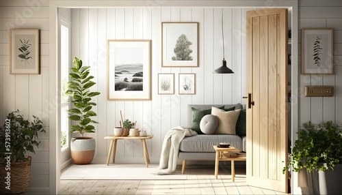  a living room with a couch, table, and pictures on the wall and a potted plant in the corner of the room on the floor. generative ai