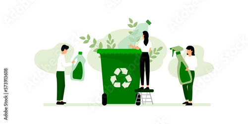 Sorting garbage by material and type in trash can. People collecting plastic trash into recycling garbage bin. Plastic pollution problem concept. Separation of waste on garbage cans for recycling