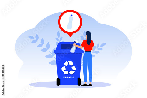 Sorting garbage by material and type in trash can. People collecting plastic trash into recycling garbage bin. Plastic pollution problem concept. Separation of waste on garbage cans for recycling