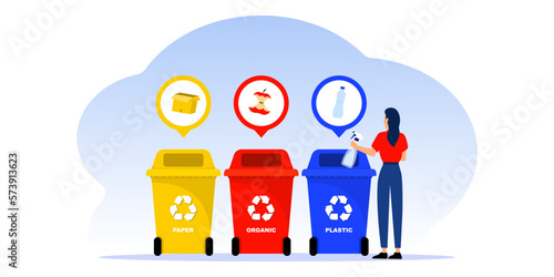 Trash containers with sorted trash for recycling. Sorting garbage by material and type in colored trash cans. Plastic pollution problem concept. Separation of waste on garbage cans for recycling