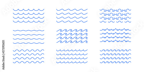 Sea wave icon set. Set of thin line waves. Various wave water lake river. Water logo, line ocean symbol in vector flat style. Seamless abstract line pattern. Water outline symbol. Sea and Ocean signs
