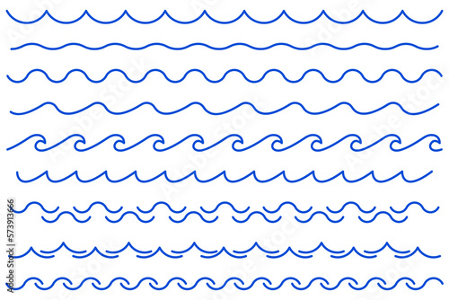 Sea wave icon set. Set of thin line waves. Various wave water lake river. Water logo, line ocean symbol in vector flat style. Seamless abstract line pattern. Water outline symbol. Sea and Ocean signs