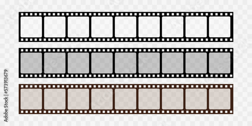Collection of blank cinema film strip frames. Grunge film strips collection. Empty retro filmstrip design elements. Photography and cinematography. Film strip isolated on transparent background photo