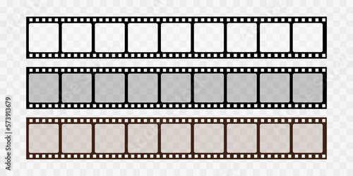 Collection of blank cinema film strip frames. Grunge film strips collection. Empty retro filmstrip design elements. Photography and cinematography. Film strip isolated on transparent background