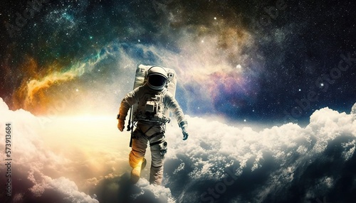  a man in a space suit floating in the sky with clouds and stars in the background, with a bright light shining through the clouds. generative ai