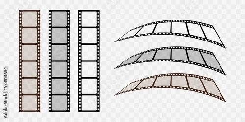 Collection of blank cinema film strip frames. Grunge film strips collection. Empty retro filmstrip design elements. Photography and cinematography. Curved film strip isolated on transparent background