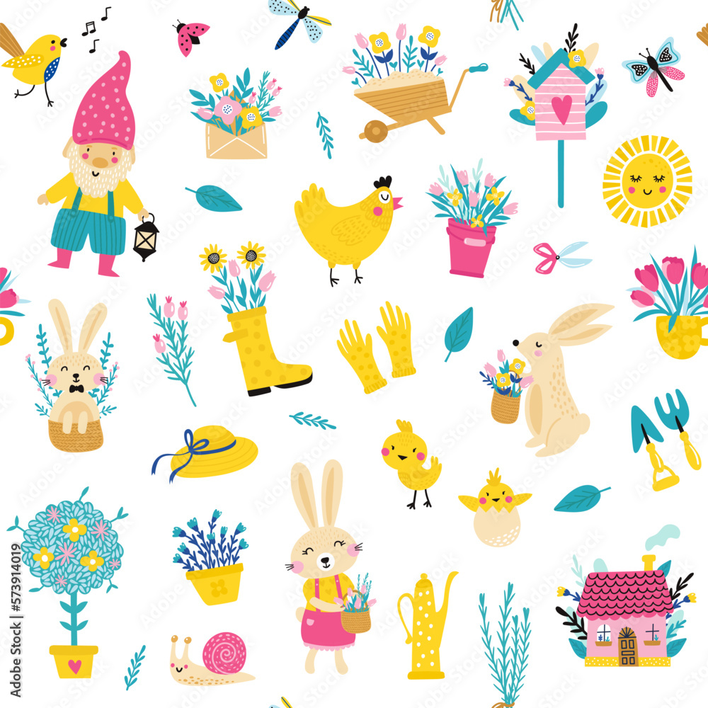 Fototapeta premium Seamless pattern with spring elements. Vector illustrations