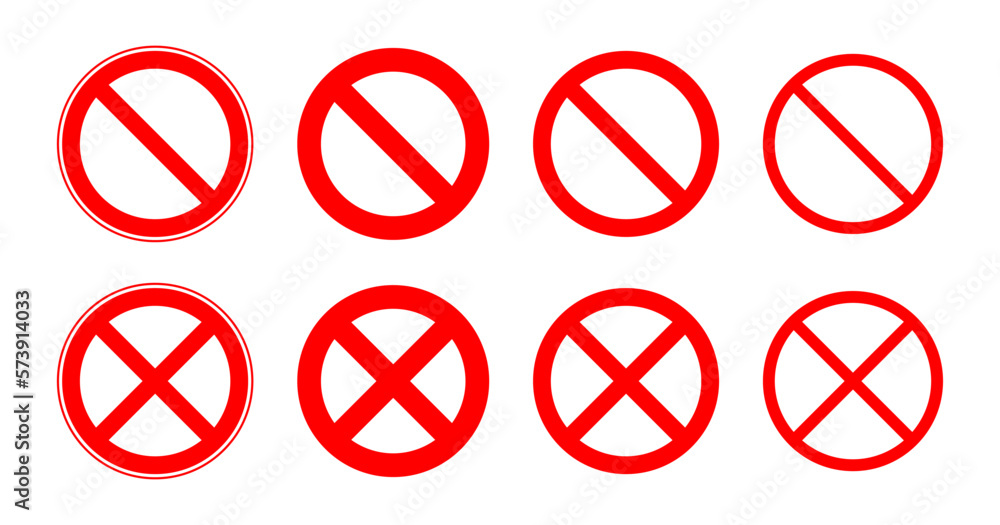 Forbidden signs set. Red round prohibition signs in different sizes. Crossed ban icons. Vector illustration. Forbidden signs set. Red round prohibition signs in different sizes. Crossed ban icons. Vector illustration.