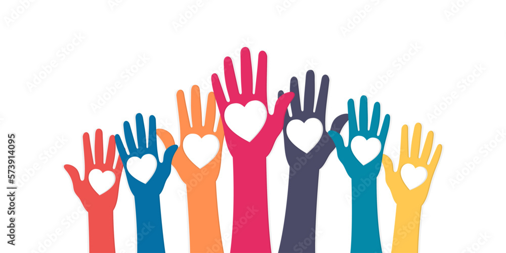 Fototapeta premium Charity, volunteering and donating concept. Volunteers people raise their palm hands and give hearts. Vector illustration.