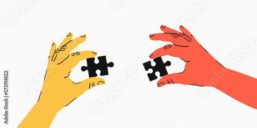 Teamwork or collaboration concept. Two hands holding jigsaw puzzle pieces to put them together as sign of partnership. Metaphor of team work. Vector illustration.