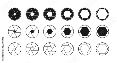 Camera shutter icons set. Various aperture icons. Camera lens diaphragm. Vector.