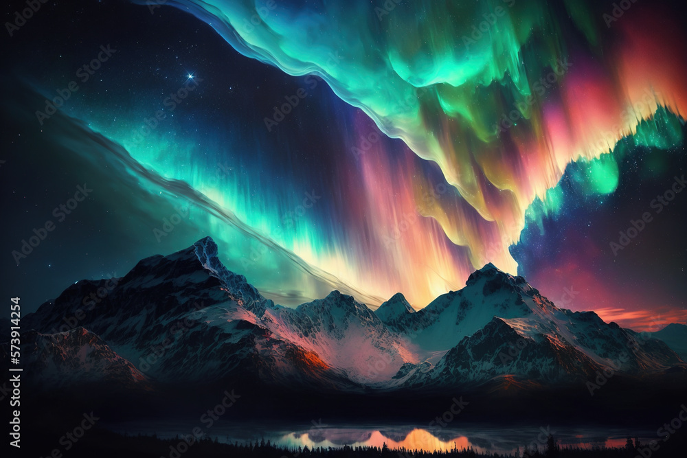  A beautiful landscape aurora over mountains with colorful sky