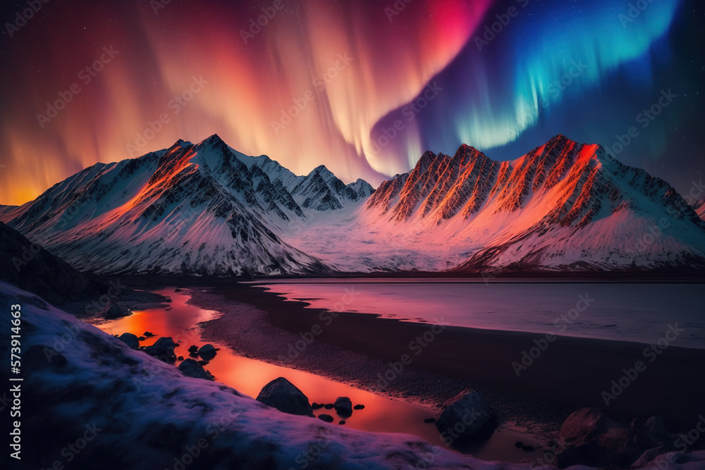  A beautiful landscape aurora over mountains 