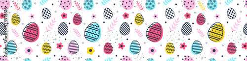 Transparent Easter banner with eggs and flowers. Seamless pattern. PNG illustration