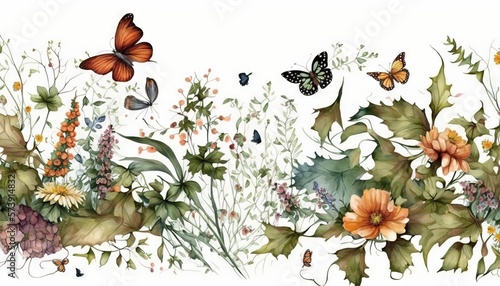  a watercolor painting of flowers and butterflies on a white background with a border of leaves and flowers with butterflies on the top of the border.  generative ai © Shanti