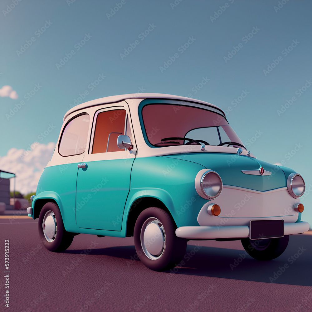 cute small retro car, 3d cartoon. Generative AI