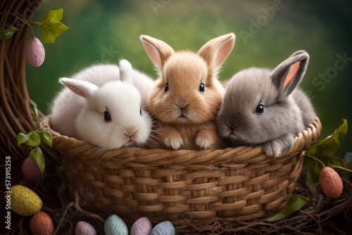 tiny cute baby rabbits in a basket with loads of mini easter eggs
