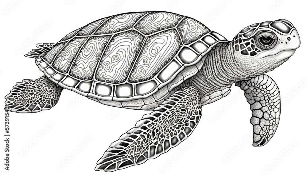 Fototapeta premium a cute coloring book for children that is still black and white, but waiting for colors and then it will become a wonderful colorful turtle