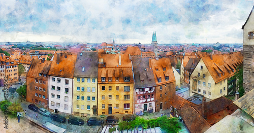 Panoramic view of the picturesque medieval part of Nuremberg  Bavaria  Germany. Watercolor painting.