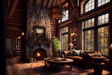  Chalet Cozy Interior  and Fireplace.  Modern Cottage Living Room Decor with Wood Wall and Furniture. Rustic Home Design.  Generative AI.