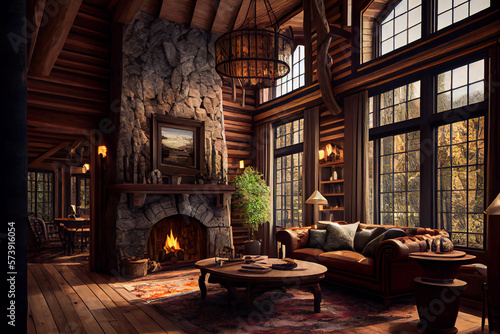  Chalet Cozy Interior  and Fireplace.  Modern Cottage Living Room Decor with Wood Wall and Furniture. Rustic Home Design.  Generative AI. © EwaStudio