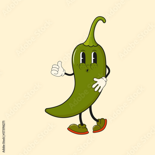 Cartoon groovy hot chili pepper.Hot spicy level labels.Chili pepper in trendy 70s. 60s style.Vector illustration