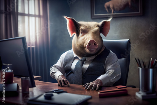 Professional Pig in Corporate Clothing in an Office. Executive Porcine Employer in Professional Attire in the Workplace. Generative AI