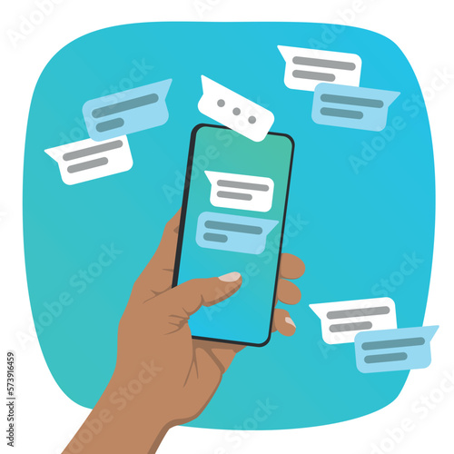 Hand of woman holding smartphones with chat concept in the screen. Vector illustration. Flat colors.
