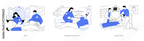 First aid in emergency situations abstract concept vector illustrations.