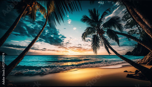 Beach with palm trees and blue ocean, Generative AI