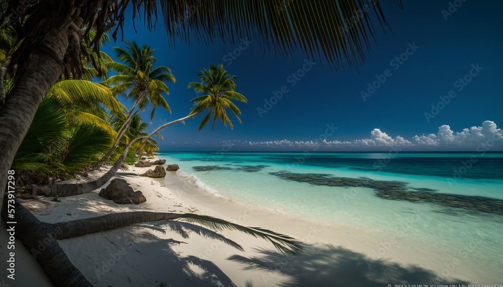 Obraz premium Beach with palm trees and blue ocean, Generative AI