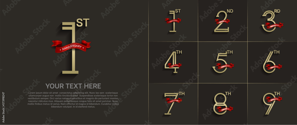 set of anniversary logotype golden color with red ribbon for special celebration event
