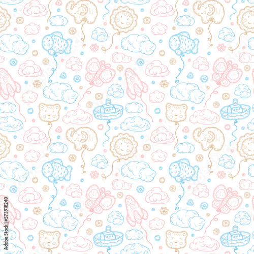 Kids toys. Beach Inflatable Toys. Balloons. Kawaii toy. Hand Drawn doodle clouds, ship, sun, bear, rocket, butterfly, elephant, fish - Vector Seamless Pattern. Cute background for kids