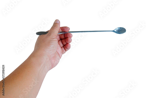 Hand holding a long tail spoon on white background.