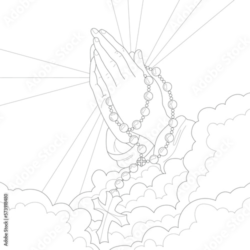 Heavens praying hands in clouds with cross graphic sketch template. Cartoon religion vector illustration in black and white for games. Children`s story book, fairytail, coloring paper, page, print
