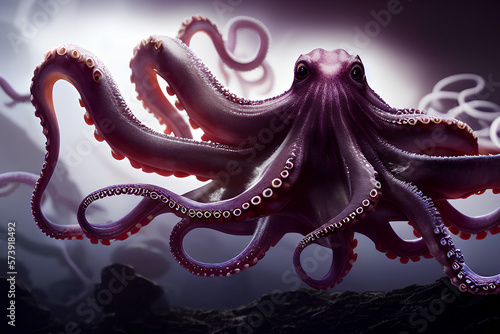 A red octopus with big eyes at the bottom of the ocean. Generative AI © Augmented Entropy