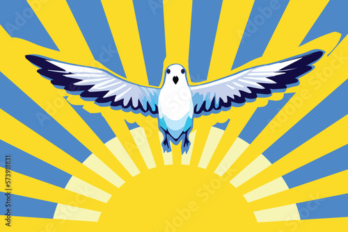 Flying bird, dove as a symbol of peace. Yellow sun, blue sky. Support Ukraine, Stand with Ukraine banner and poster in yellow and blue colors