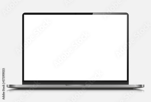 Realistic laptop layout with white screen and reflection. A modern laptop with a blank screen isolated on a white background. Vector illustration.