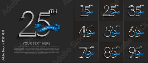 set of anniversary logotype silver color with blue ribbon for special celebration event