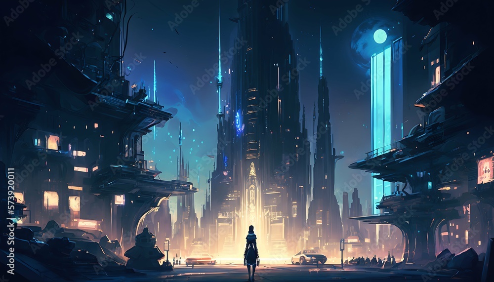 Futuristic cityscape with detailed neon lights and reflections with Generative AI Technology.