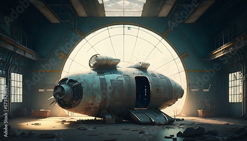 Fototapeta Naklejka Na Ścianę i Meble -  Space station hangar, abandoned spaceship, alien spaceship design style with Generative AI Technology.