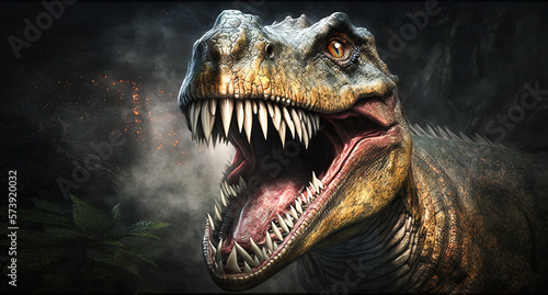 Aggressive tyrannosaurus rex dinosaur head close up of a dinosaur with teeth in the jungle. Image created with generative ai photo
