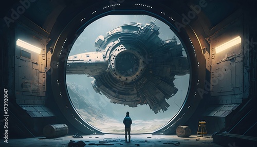 Fototapeta Naklejka Na Ścianę i Meble -  Space station hangar, abandoned spaceship, alien spaceship design style with Generative AI Technology.
