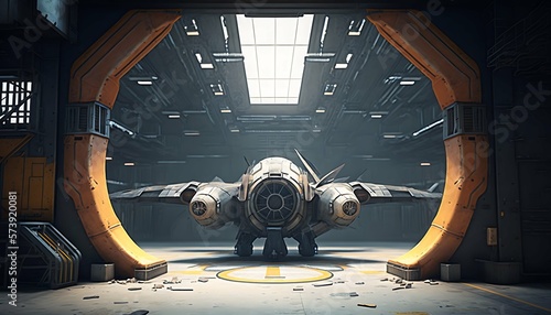 Fototapeta Naklejka Na Ścianę i Meble -  Space station hangar, abandoned spaceship, alien spaceship design style with Generative AI Technology.