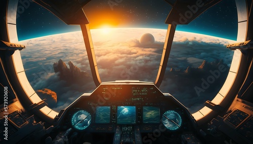 Fototapeta Naklejka Na Ścianę i Meble -  sci-fi cockpit of a spaceship approaching earth with Generative AI Technology.