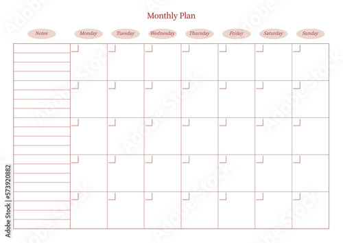 A simple style monthly planner. Note, scheduler, diary, calendar planner document template illustration.