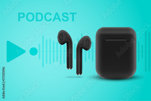 Black wireless earphones on blue background. Online music, radio, listening to podcasts, audio books - concept. EPS10 vector