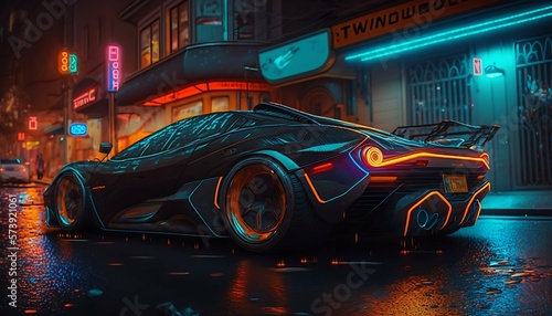 sport car parked on the street at cyberpunk city with Generative AI Technology.